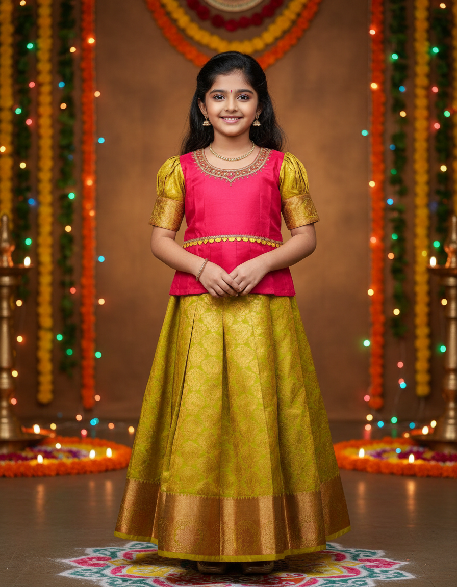 Kids pattu pavadai set with red top and golden bridsl silk skirt from Sri Thulir Tex