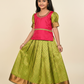 Kids pattu pavadai set with red semi silk top and green bridal silk skirt from Sri Thulir Tex