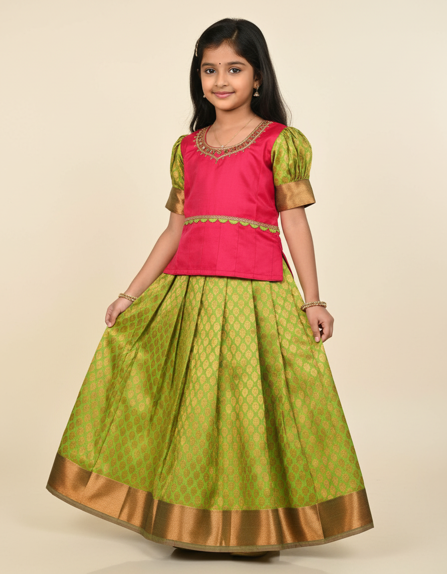 Kids pattu pavadai set with red semi silk top and green bridal silk skirt from Sri Thulir Tex