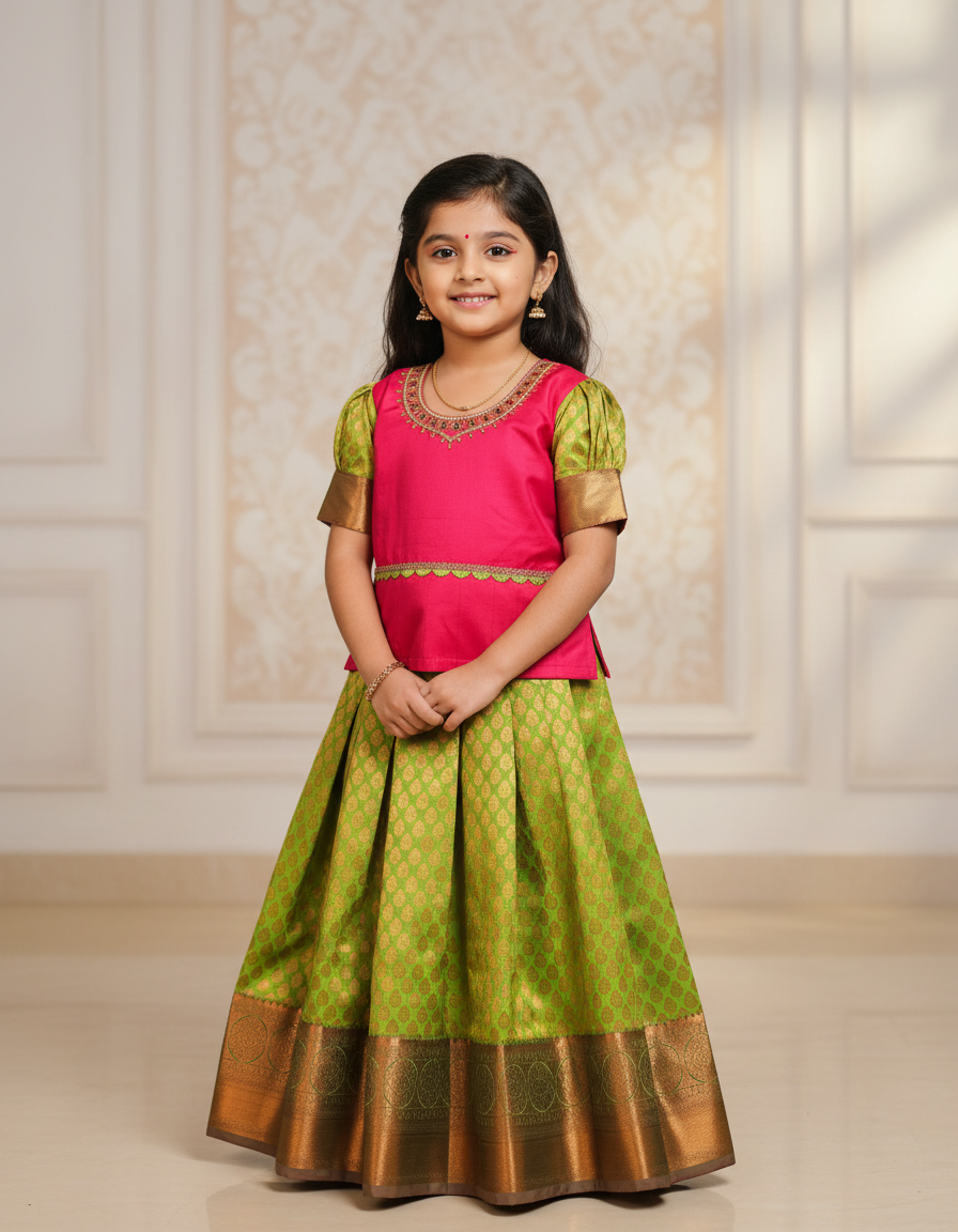 Kids Pattu Pavadai set with red stone-work top and green zari woven skirt from Sri Thulir Tex.