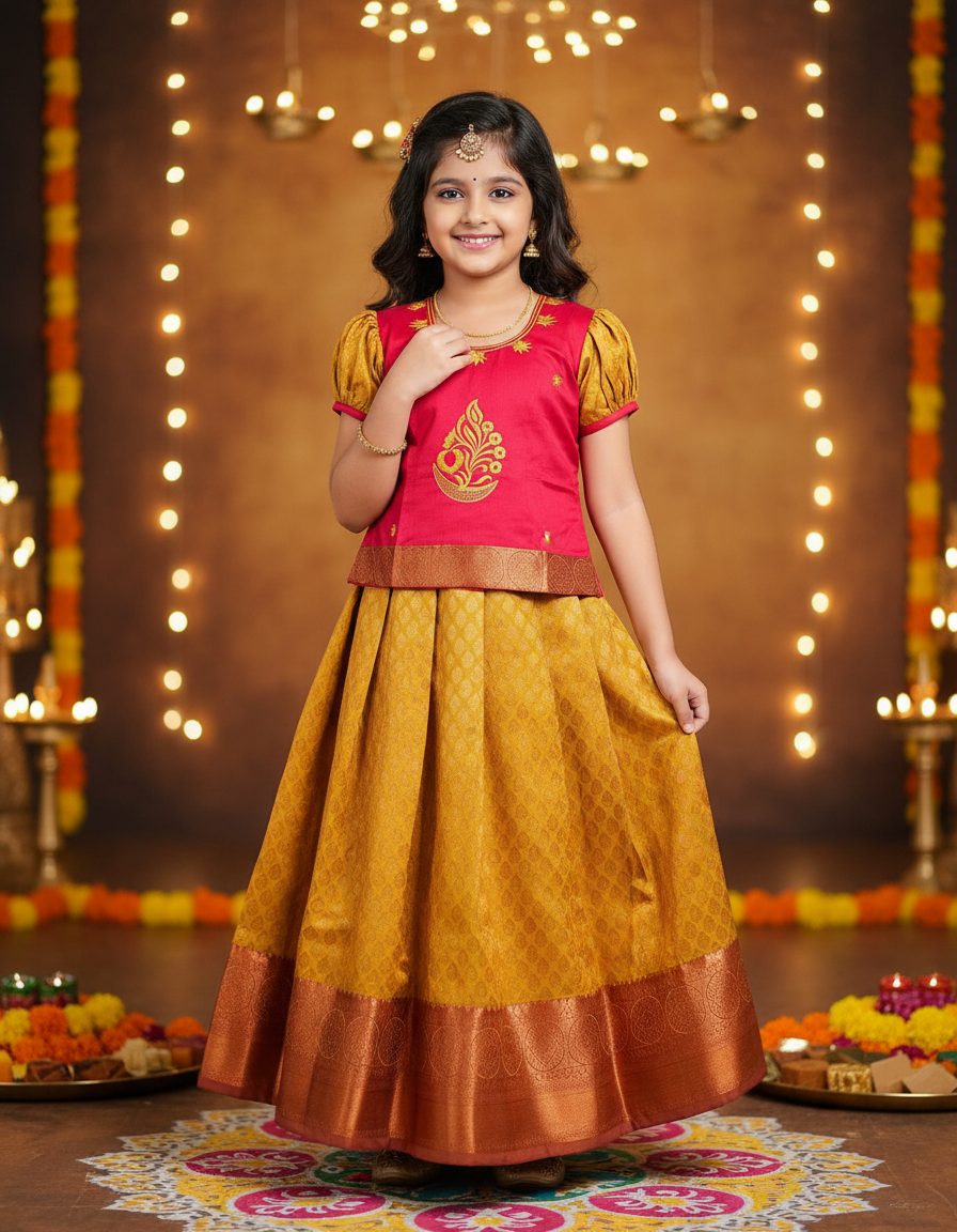Kids pattu pavadai set with red semi-silk top and mustard gold bridal silk skirt from Sri Thulir Tex.