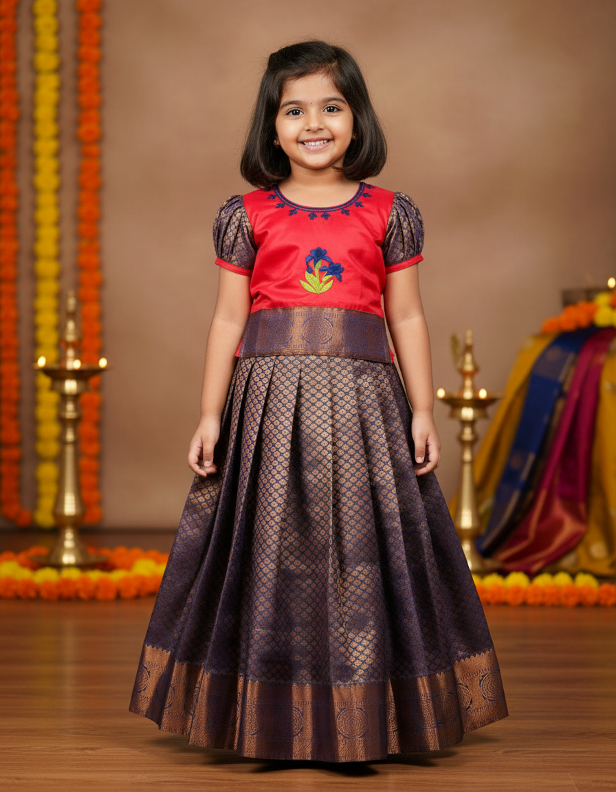 Kids red semi silk top with purple bridal silk zari skirt – Pattu Pavadai Set – Sri Thulir Tex