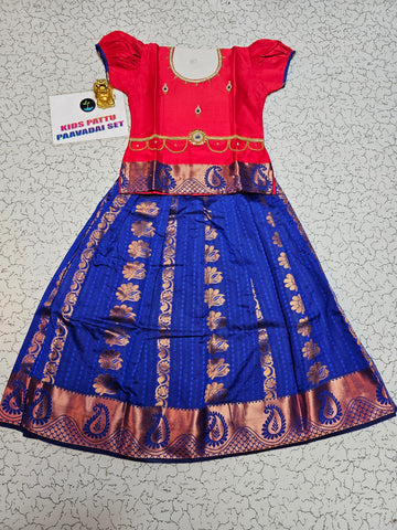 Kids pattu pavadai with red top and royal blue emboss skirt – Sri Thulir Tex