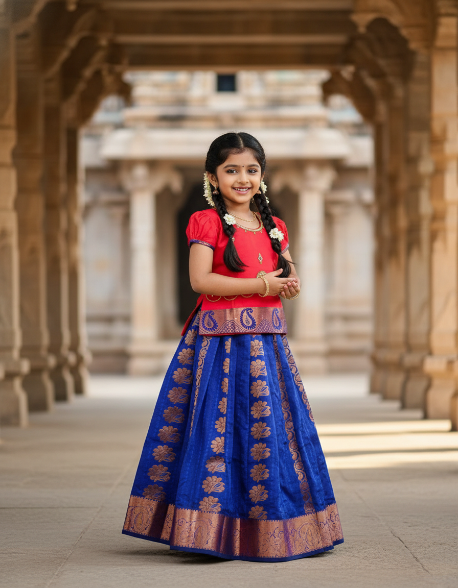 Kids pattu pavadai with red top and royal blue emboss skirt – Sri Thulir Tex