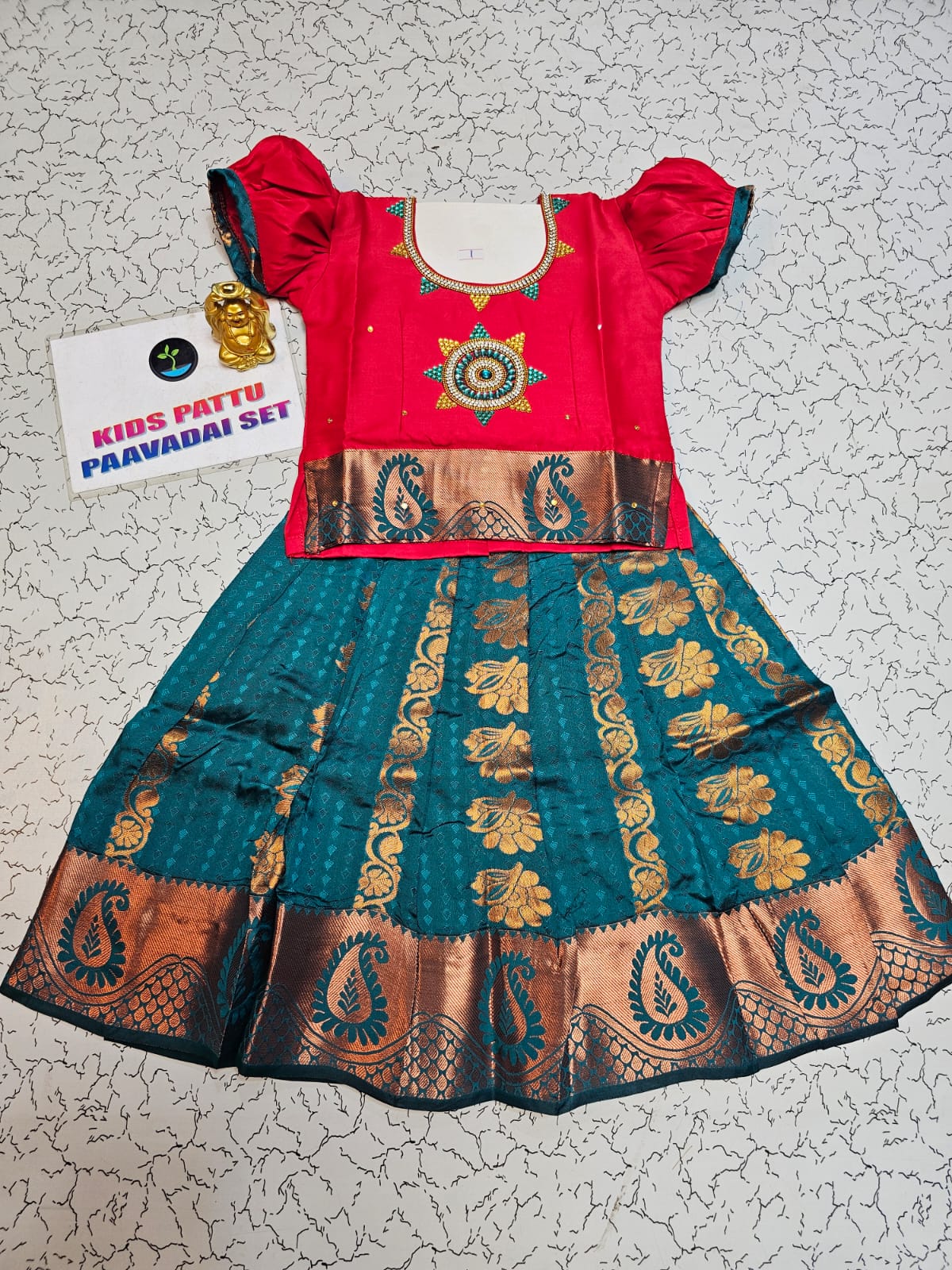 Kids pattu pavadai with red top and teal blue emboss skirt – Sri Thulir Tex