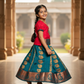Kids pattu pavadai with red top and teal blue emboss skirt – Sri Thulir Tex