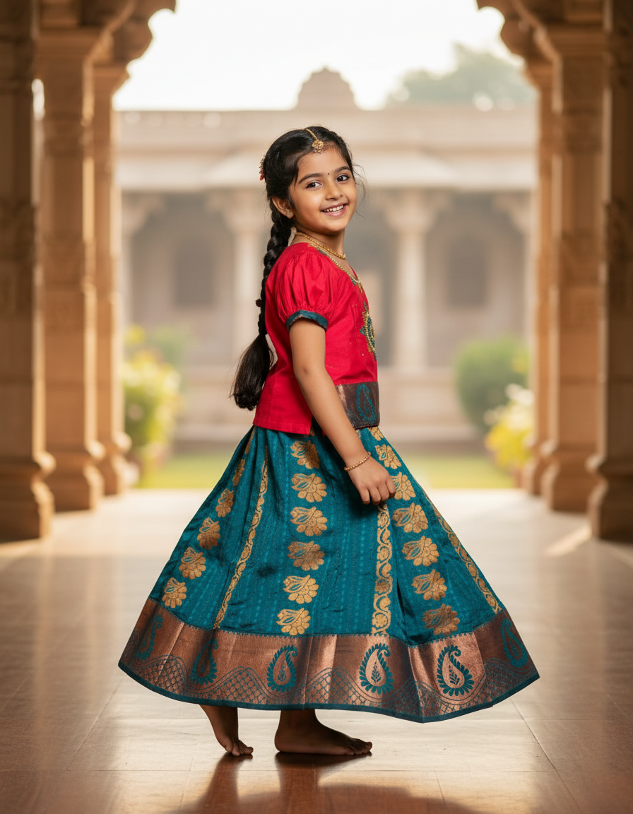 Kids pattu pavadai with red top and teal blue emboss skirt – Sri Thulir Tex