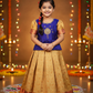 Little girl wearing royal blue and golden pattu pavadai set with puff sleeves and zari silk skirt – Sri Thulir Tex