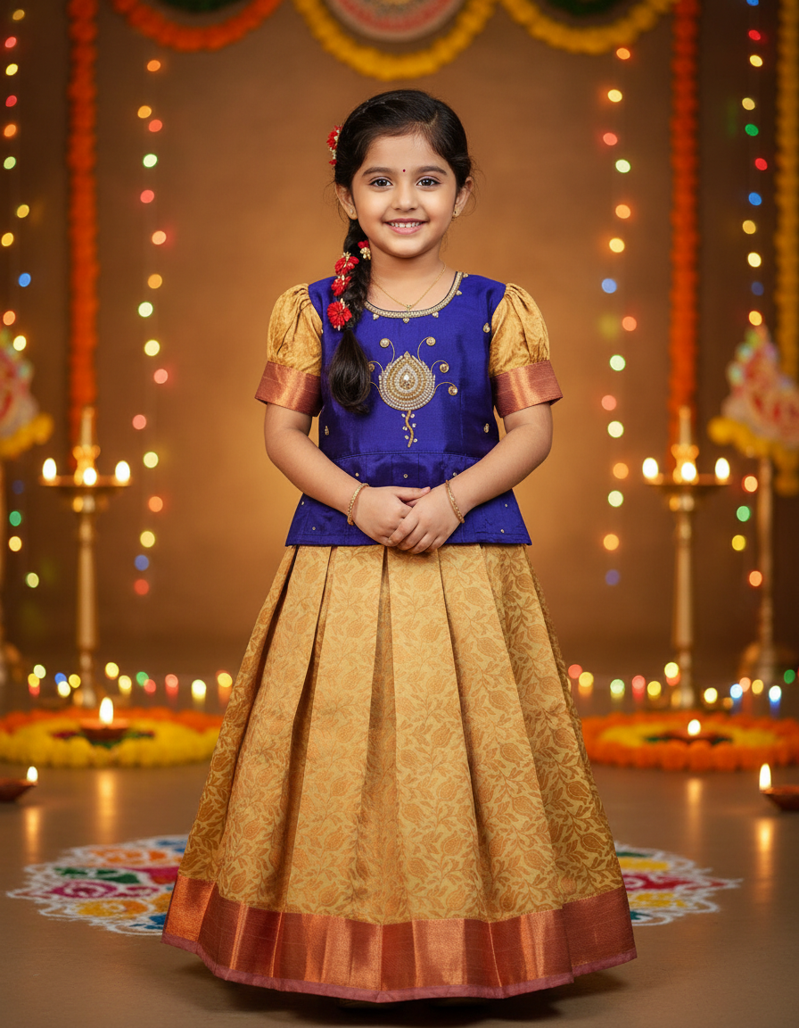 Little girl wearing royal blue and golden pattu pavadai set with puff sleeves and zari silk skirt – Sri Thulir Tex