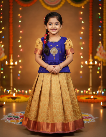 Little girl wearing royal blue and golden pattu pavadai set with puff sleeves and zari silk skirt – Sri Thulir Tex