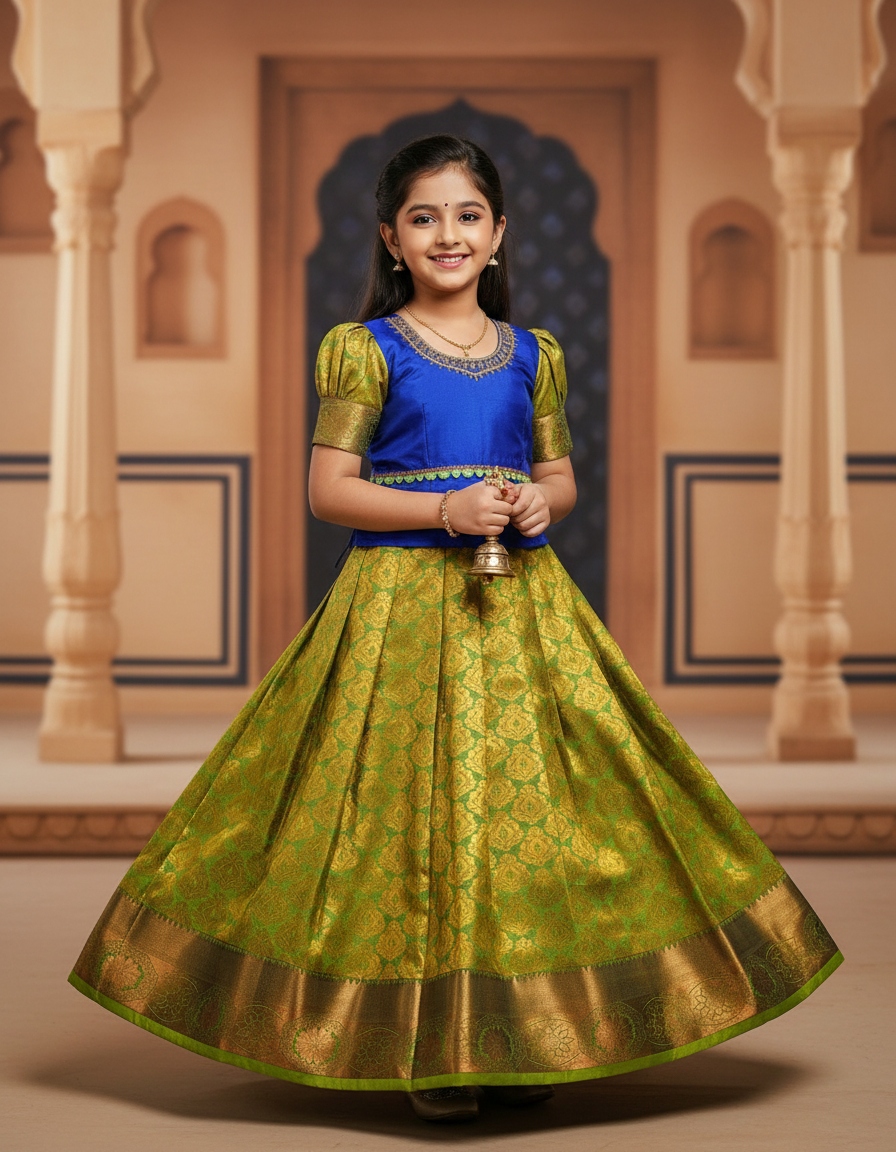 Kids Royal Blue Top with Green Bridal Silk Pattu Pavadai Set