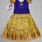 Kids Pattu Pavadai set with royal blue stone-work top and golden zari woven skirt from Sri Thulir Tex.