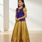 Kids Pattu Pavadai set with royal blue stone-work top and golden zari woven skirt from Sri Thulir Tex.