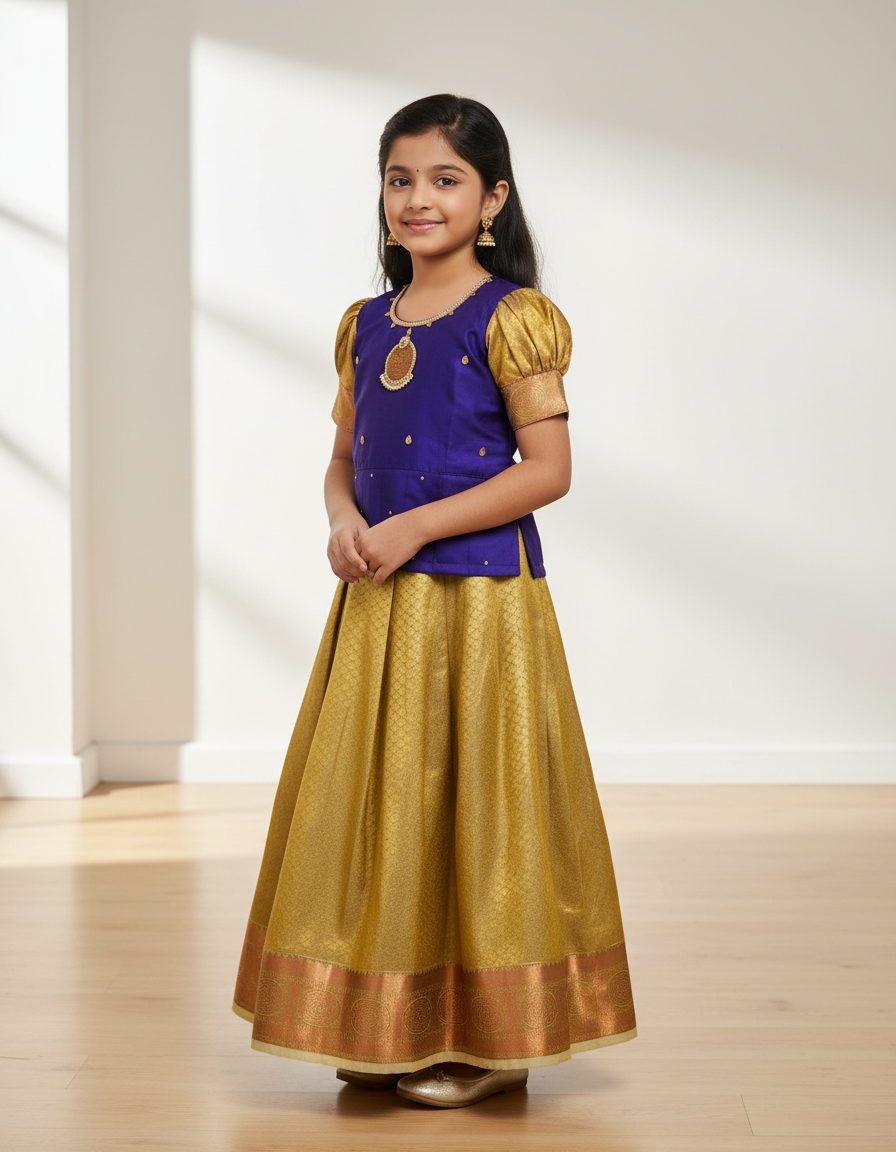 Kids Pattu Pavadai set with royal blue stone-work top and golden zari woven skirt from Sri Thulir Tex.