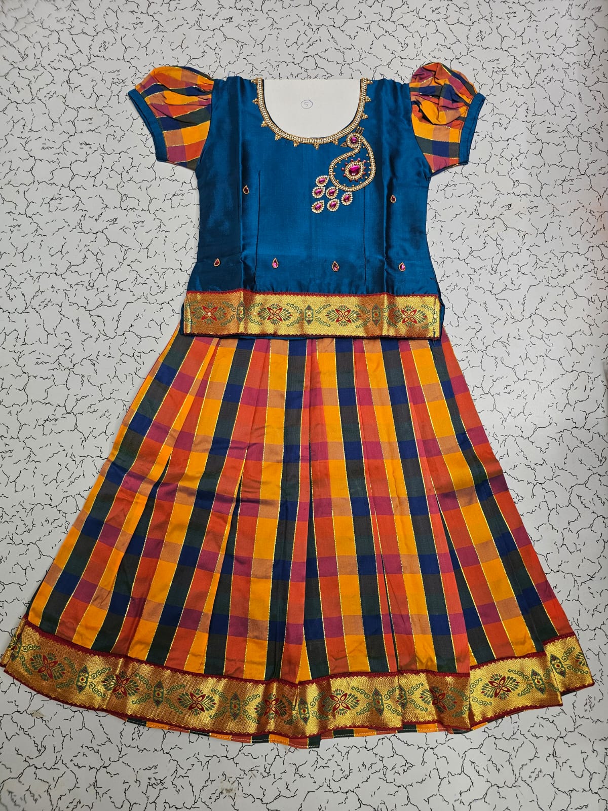 Kids royal blue top with orange navy yellow Palum Palam checked skirt pattu pavadai – Sri Thulir Tex