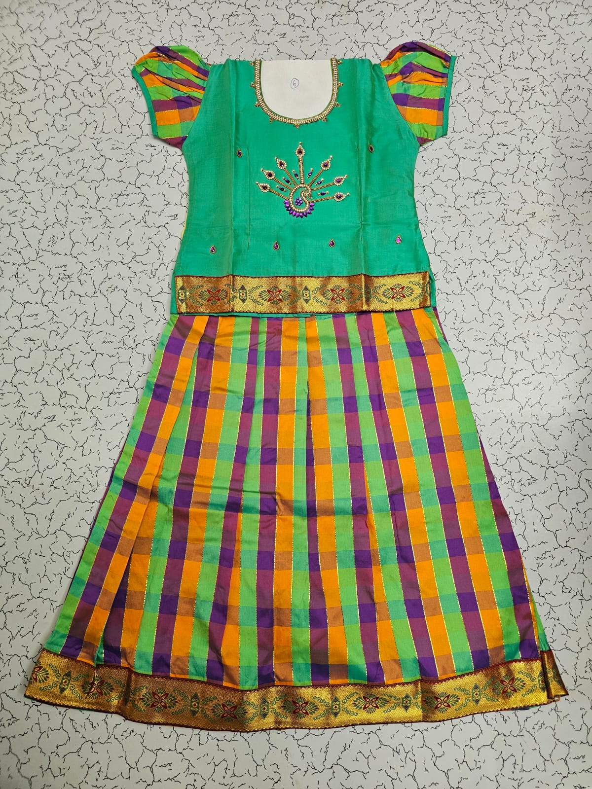 Kids sea green top with green orange purple Palum Palam checked skirt pattu pavadai – Sri Thulir Tex