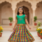 Kids sea green top with green orange purple Palum Palam checked skirt pattu pavadai – Sri Thulir Tex