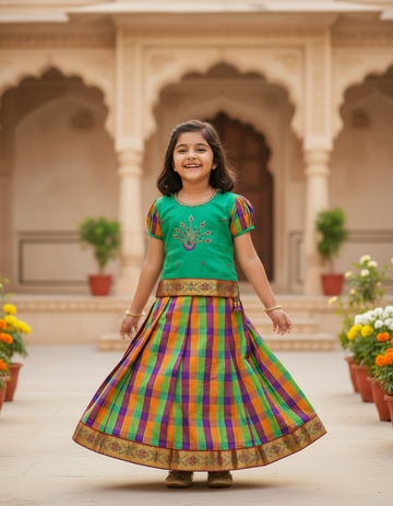 Kids sea green top with green orange purple Palum Palam checked skirt pattu pavadai – Sri Thulir Tex