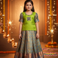 Kids pattu pavadai set with green semi silk top and blue bridal silk skirt by Sri Thulir Tex