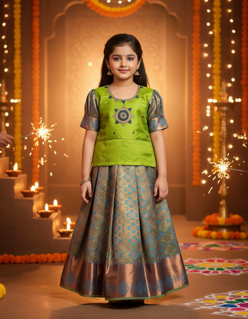 Kids pattu pavadai set with green semi silk top and blue bridal silk skirt by Sri Thulir Tex