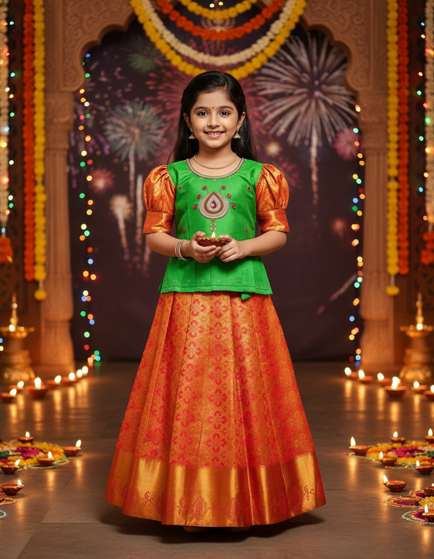 Kids pattu pavadai set with green semi silk top and orange bridal silk skirt by Sri Thulir Tex