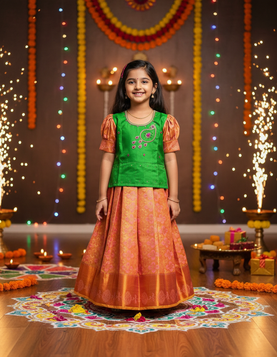 Kids pattu pavadai set with green semi silk top and peach-gold bridal silk skirt by Sri Thulir Tex