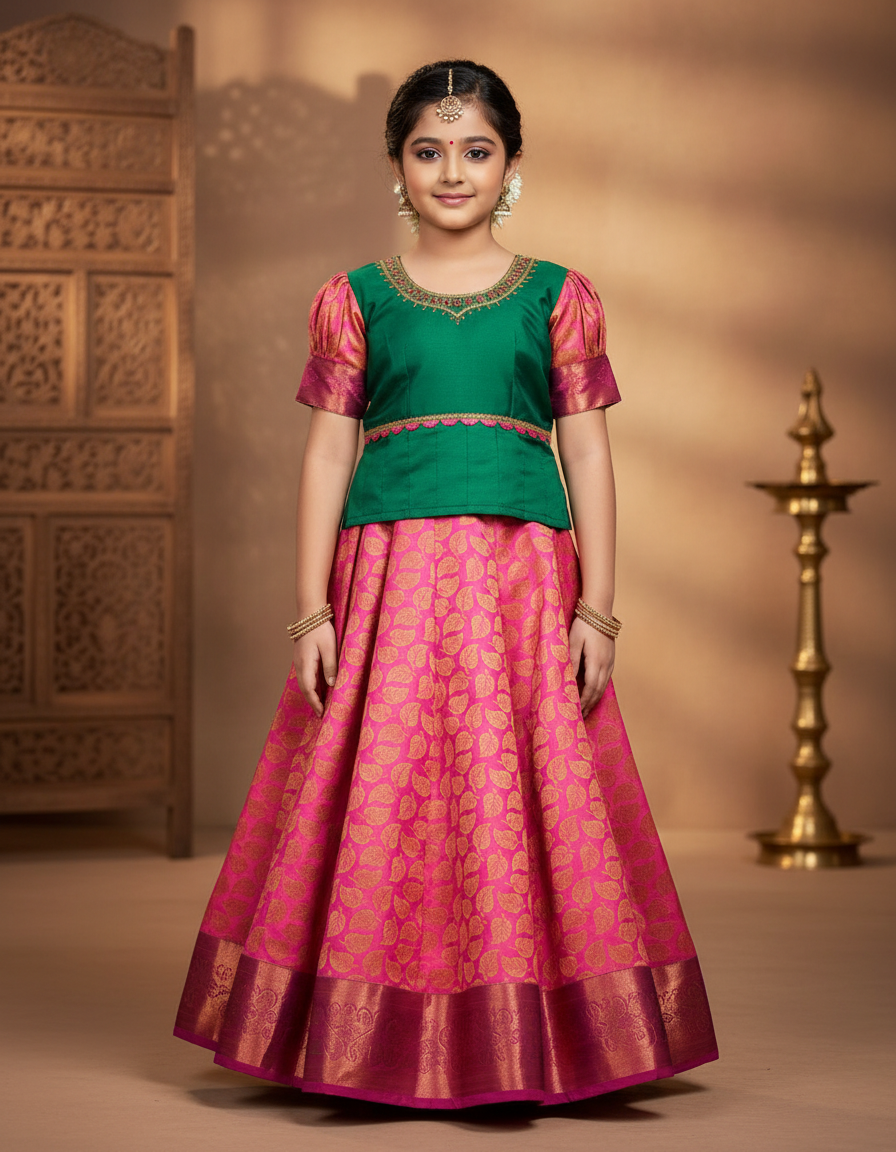 Kids green and pink pattu pavadai set with silk skirt and embroidered stonework blouse
