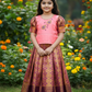 Kids pattu pavadai set with peach semi silk top and gold bridal silk skirt by Sri Thulir Tex