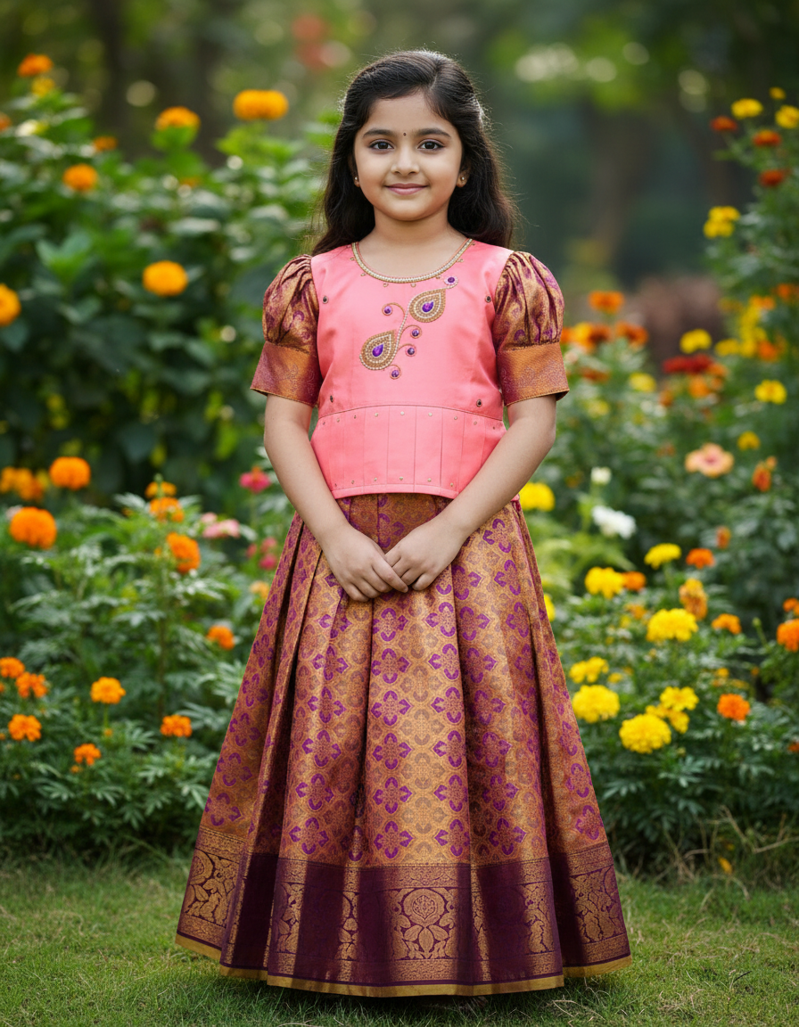 Kids pattu pavadai set with peach semi silk top and gold bridal silk skirt by Sri Thulir Tex
