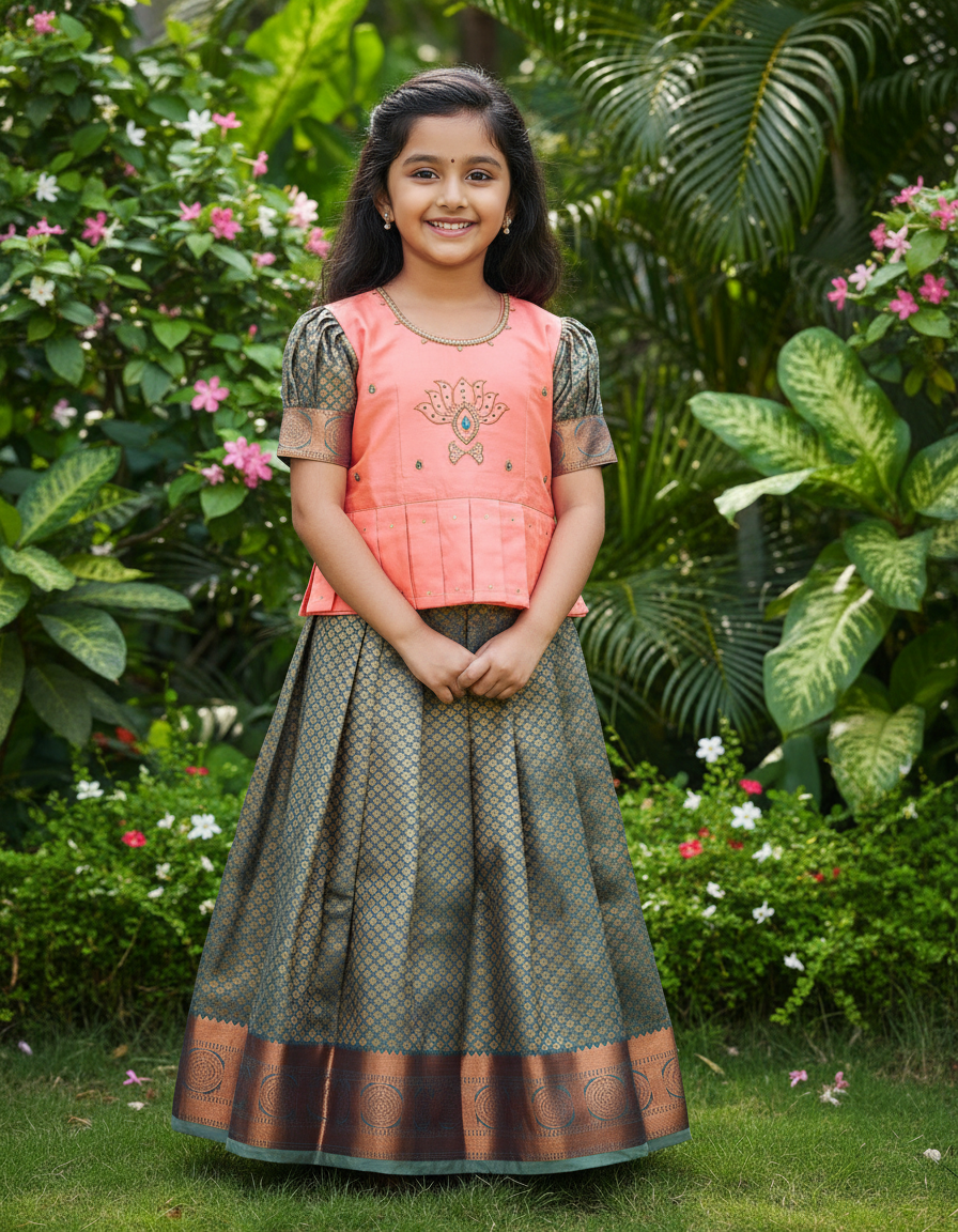Kids pattu pavadai set with peach semi silk top and green bridal silk skirt by Sri Thulir Tex