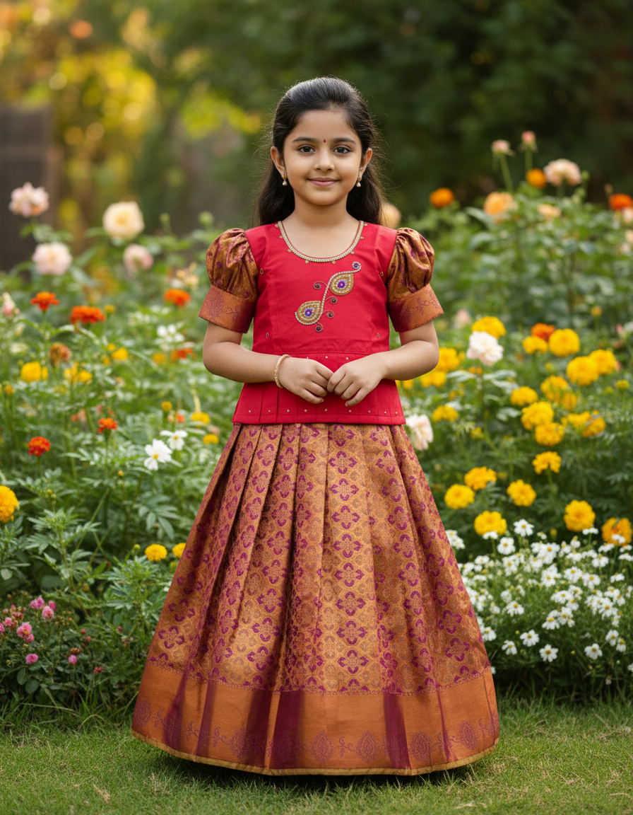 Kids pattu pavadai set with pink semi silk top and gold bridal silk skirt by Sri Thulir Tex