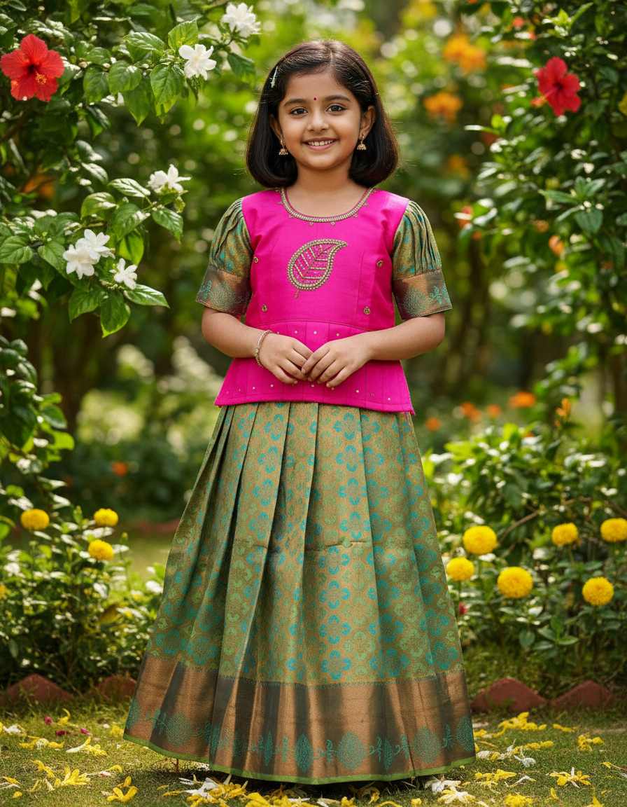Kids pattu pavadai set with pink semi silk top and green bridal silk skirt by Sri Thulir Tex