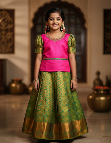 Kids pink blouse and green silk pattu pavadai set with stonework and puff sleeves