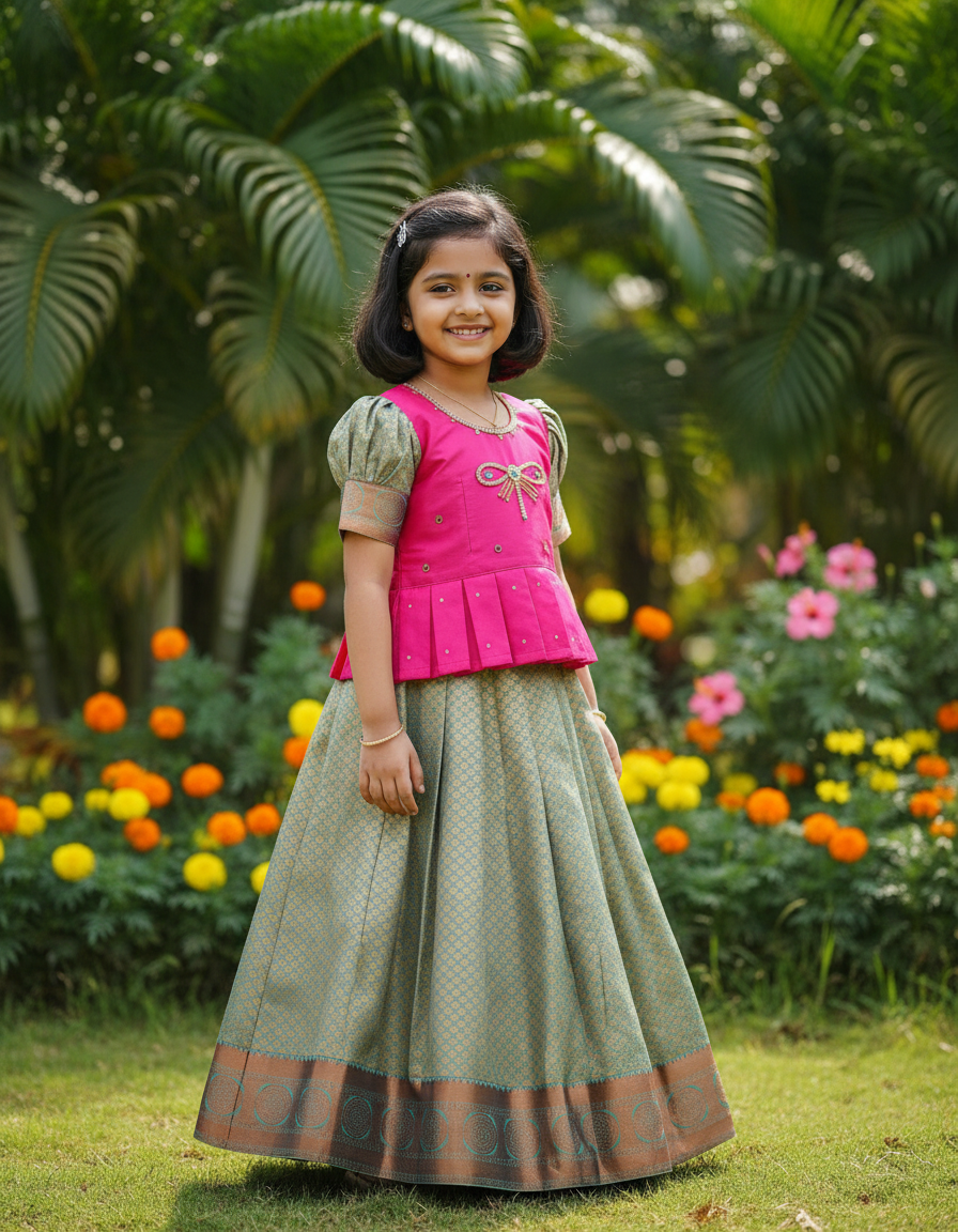 Kids pattu pavadai set with pink semi silk top and green bridal silk skirt by Sri Thulir Tex