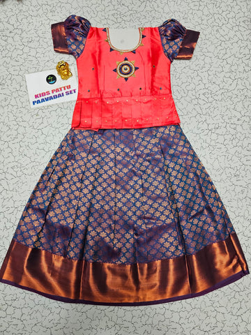 Kids pattu pavadai set with pink semi silk top and navy blue bridal silk skirt by Sri Thulir Tex