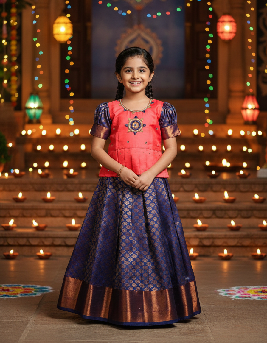 Kids pattu pavadai set with pink semi silk top and navy blue bridal silk skirt by Sri Thulir Tex