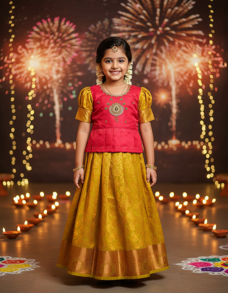 Kids pattu pavadai set with pink semi silk top and yellow bridal silk skirt by Sri Thulir Tex