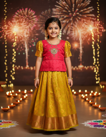 Kids pattu pavadai set with pink semi silk top and yellow bridal silk skirt by Sri Thulir Tex