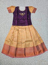 Kids pattu pavadai set with purple semi silk top and cream bridal silk skirt by Sri Thulir Tex