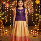 Kids pattu pavadai set with purple semi silk top and cream bridal silk skirt by Sri Thulir Tex