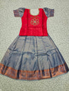 Kids pattu pavadai set with red semi silk top and blue bridal silk skirt by Sri Thulir Tex