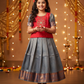 Kids pattu pavadai set with red semi silk top and blue bridal silk skirt by Sri Thulir Tex