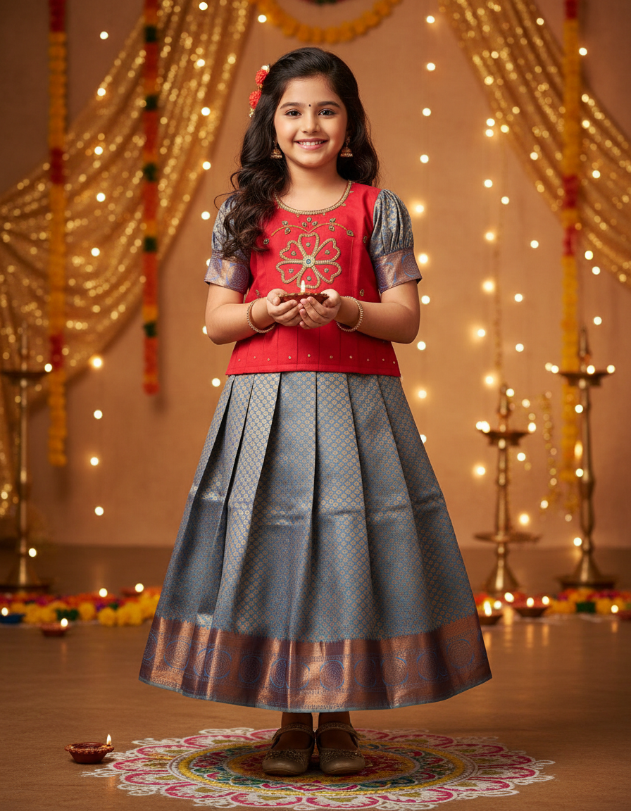 Kids pattu pavadai set with red semi silk top and blue bridal silk skirt by Sri Thulir Tex