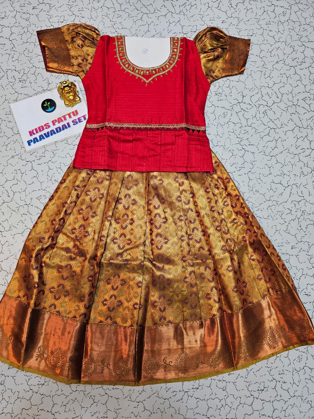 Kids Pattu Pavadai Set with red semi silk top and gold soft silk skirt – Sri Thulir Tex
