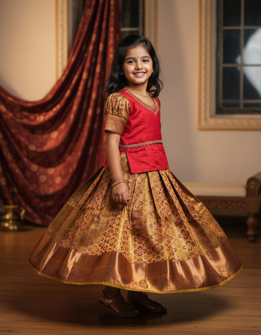 Kids Pattu Pavadai Set with red semi silk top and gold soft silk skirt – Sri Thulir Tex