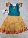Kids teal blue stone work blouse with gold silk pattu pavadai set by Sri Thulir Tex