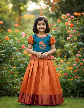 Kids teal blue and orange pattu pavadai set with puff sleeve blouse and zari silk skirt from Sri Thulir Tex