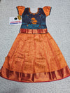 Kids teal blue and orange pattu pavadai set with puff sleeve blouse and zari silk skirt from Sri Thulir Tex