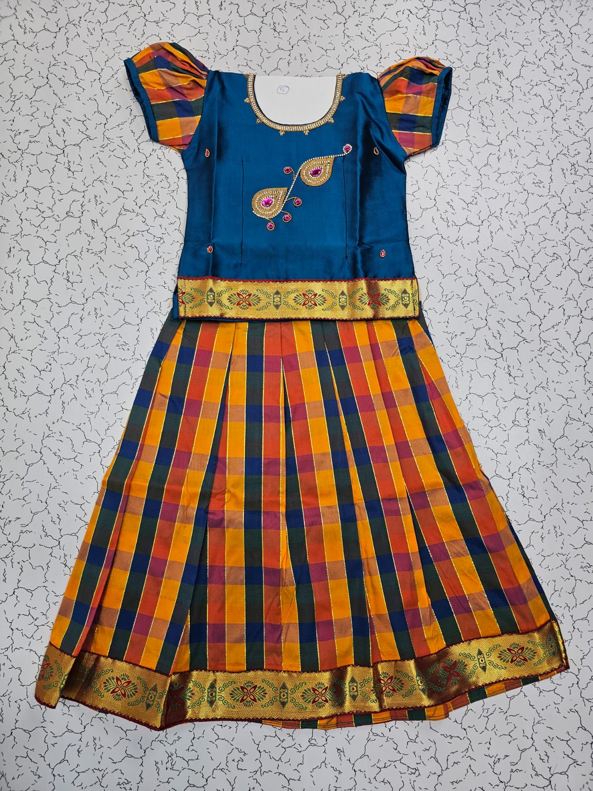 Kids teal blue top with orange navy yellow checked Palum Palam skirt pattu pavadai – Sri Thulir Tex