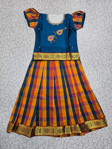 Kids teal blue top with orange navy yellow checked Palum Palam skirt pattu pavadai – Sri Thulir Tex